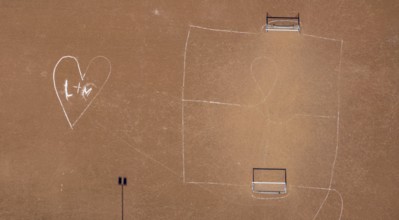 Aerial view, sports field cinder pitch Schulzentrum an der Realschule, heart symbol L+M drawn on