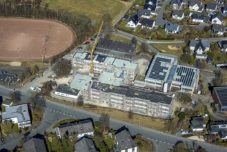 Aerial view, construction site with new building of the secondary school of the city of Meschede,