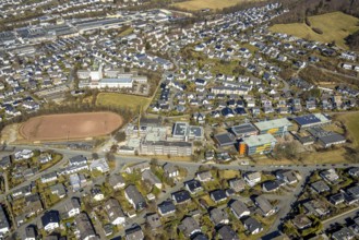 Aerial view, construction site with new building, secondary school of the city of Meschede,