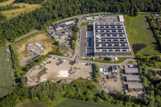 Aerial view, new logistics halls in the Herrenthey industrial estate, roof with solar panels,