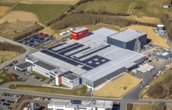 Aerial view, Enste industrial estate with citizen solar park on the A46 motorway, ITH