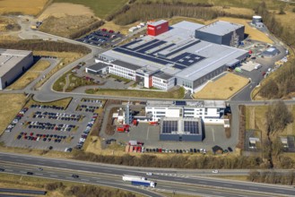 Aerial view, Enste industrial estate with citizen solar park on the A46 motorway, ITH