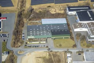 Aerial view, Enste industrial estate with citizen solar park on the A46 motorway, bush KG plant,