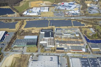 Aerial view, commercial area Enste with citizen solar park at the motorway A46, Enste, Meschede,