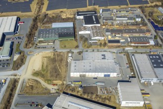Aerial view, commercial area Enste with citizen solar park at the motorway A46, Enste, Meschede,