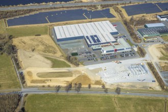 Aerial view, commercial area Enste with citizen solar park at the motorway A46, Enste, Meschede,