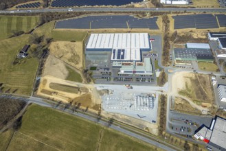 Aerial view, commercial area Enste with citizen solar park at the motorway A46, Enste, Meschede,