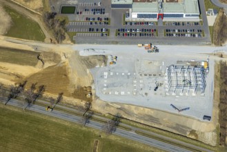 Aerial view, construction site with wire scaffolding next to Briloner Leuchten Werk, Enste,