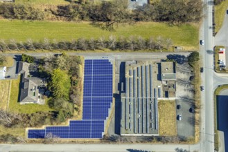 Aerial view, commercial area Enste with citizen solar park at the motorway A46, Enste, Meschede,