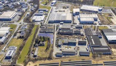 Aerial view, commercial area Enste with citizen solar park at the motorway A46, Enste, Meschede,