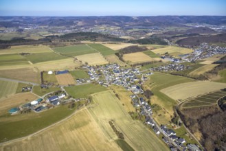 Aerial view, residential area, view of the district Wallen, forest area and hilly landscape,