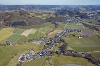 Aerial view, residential area, view of Visbeck district, wooded area and hilly landscape, Meschede,
