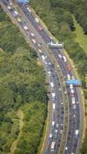 Aerial view, traffic jam on the A2 motorway at the Dortmund-Nordwest junction Dortmund-Mengede,