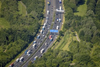 Aerial view, traffic jam on the A2 motorway at the Dortmund-Nordwest junction Dortmund-Mengede,