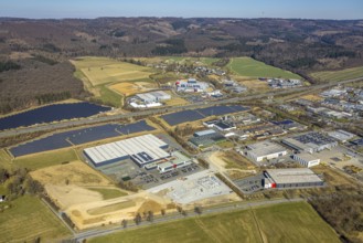 Aerial view, commercial area Enste with citizen solar park at the motorway A46, Enste, Meschede,