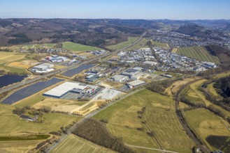 Aerial view, commercial area Enste with citizen solar park at the motorway A46, Enste, Meschede,