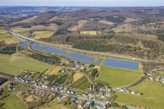 Aerial view, solar park on the A46 motorway near Stockhausen, forest area with forest damage,