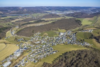 Aerial view, residential area local view district Calle, church St. Severin and cemetery, wooded