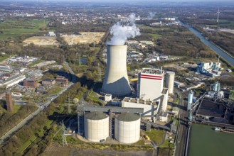 Aerial view, Trianel Kohlekraftwerk Lünen GmbH with smoking cooling tower, Lippholthausen, Lünen,