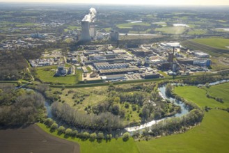 Aerial view, river Lippe meander with onion field landscape conservation area, Remondis Lippewerk