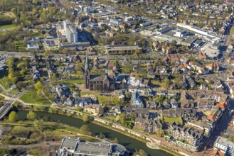 Aerial view, St. Marien Hospital and St. Marien Church, residential area on the river Lippe, Lünen,