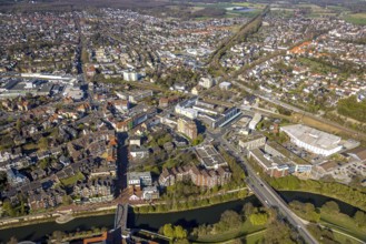 Aerial view, residential area local view at Merschstraße with ZOB Lünen bus stop and Kaufland