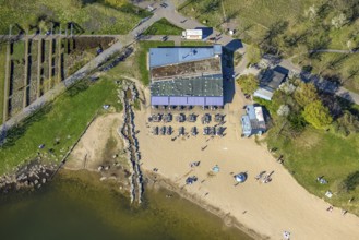 Aerial view, Café Seepark Lünen with outdoor catering and sandy beach at Horstmarer See, Horstmar,
