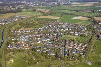Aerial view, residential area, local view Horstmar at the river Seseke, catholic cemetery Lünen,