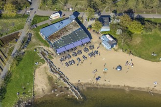 Aerial view, Café Seepark Lünen with outdoor catering and sandy beach at Horstmarer See, Horstmar,