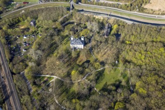 Aerial view, Schwansbell Castle with two towers, former knight's seat of the Lords of Schwansbell,