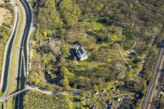 Aerial view, Schwansbell Castle with two towers, former knight's seat of the Lords of Schwansbell,
