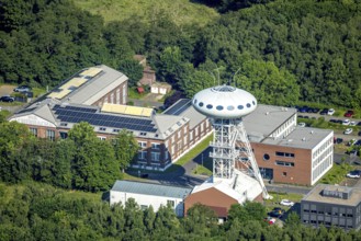 Aerial view, winding tower sculpture Colani UFO, also Colani Egg in the Lüntec start-up centre, on