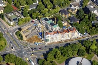 Aerial view, Quartier Lange Straße 100, construction site with new building, Lünen, Ruhr area,