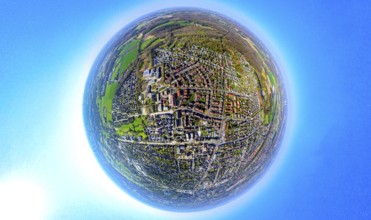 Aerial photo, residential area, view of old Lünen, globe, fisheye shot, 360 degree shot, tiny