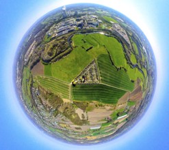 Aerial view, river Lippeauen West with triangular KGV Grüne Insel allotment garden association,