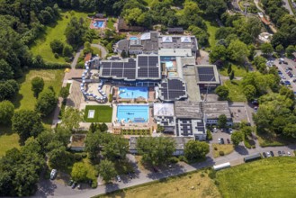 Aerial view, LAGO Die Therme, swimming pool and wellness centre with water slide, roof with solar