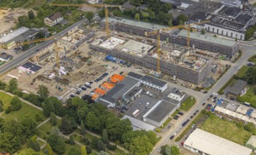 Aerial view, construction site with new building in the commercial area Am Trimbuschhof, Sodingen,