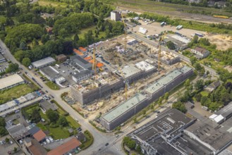 Aerial view, construction site with new building in the commercial area Am Trimbuschhof, Sodingen,