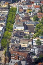 Aerial view, Kreuzkirche at the entrance of Bahnhofstraße pedestrian zone with green trees, above