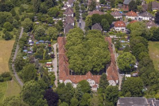 Aerial view, housing estate settlement Teutoburgia miners' settlement with group of trees in the