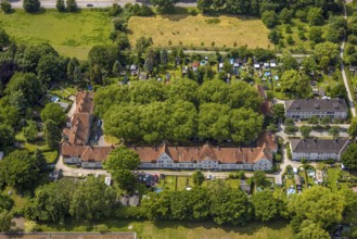 Aerial view, housing estate settlement Teutoburgia miners' settlement with group of trees in the