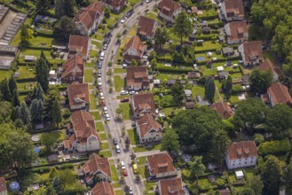 Aerial view, miners' housing estate Teutoburgia with red roofs, houses and gardens, Börnig, Herne,