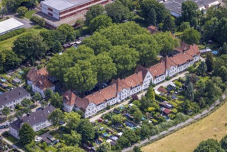 Aerial view, housing estate settlement Teutoburgia miners' settlement with group of trees in the