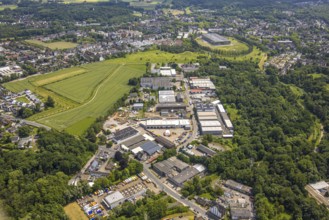 Aerial view, commercial area Gewerkenstraße, behind academy Mont-Cenis with round tree avenue,