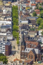 Aerial view, Kreuzkirche at the entrance of Bahnhofstraße pedestrian zone with green trees, above