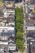 Aerial view, Bahnhofstraße pedestrian zone with green trees and St. Boniface Church, Herne-Mitte,