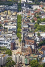 Aerial view, Kreuzkirche at the entrance of Bahnhofstraße pedestrian zone with green trees, above