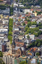 Aerial view, Kreuzkirche at the entrance of Bahnhofstraße pedestrian zone with green trees, above