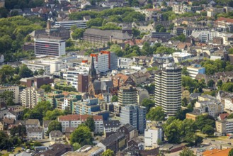 Aerial view, city centre view, residential area with KreuzKirche and high-rise residential tower