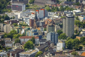 Aerial view, city centre view, residential area with KreuzKirche and high-rise residential tower